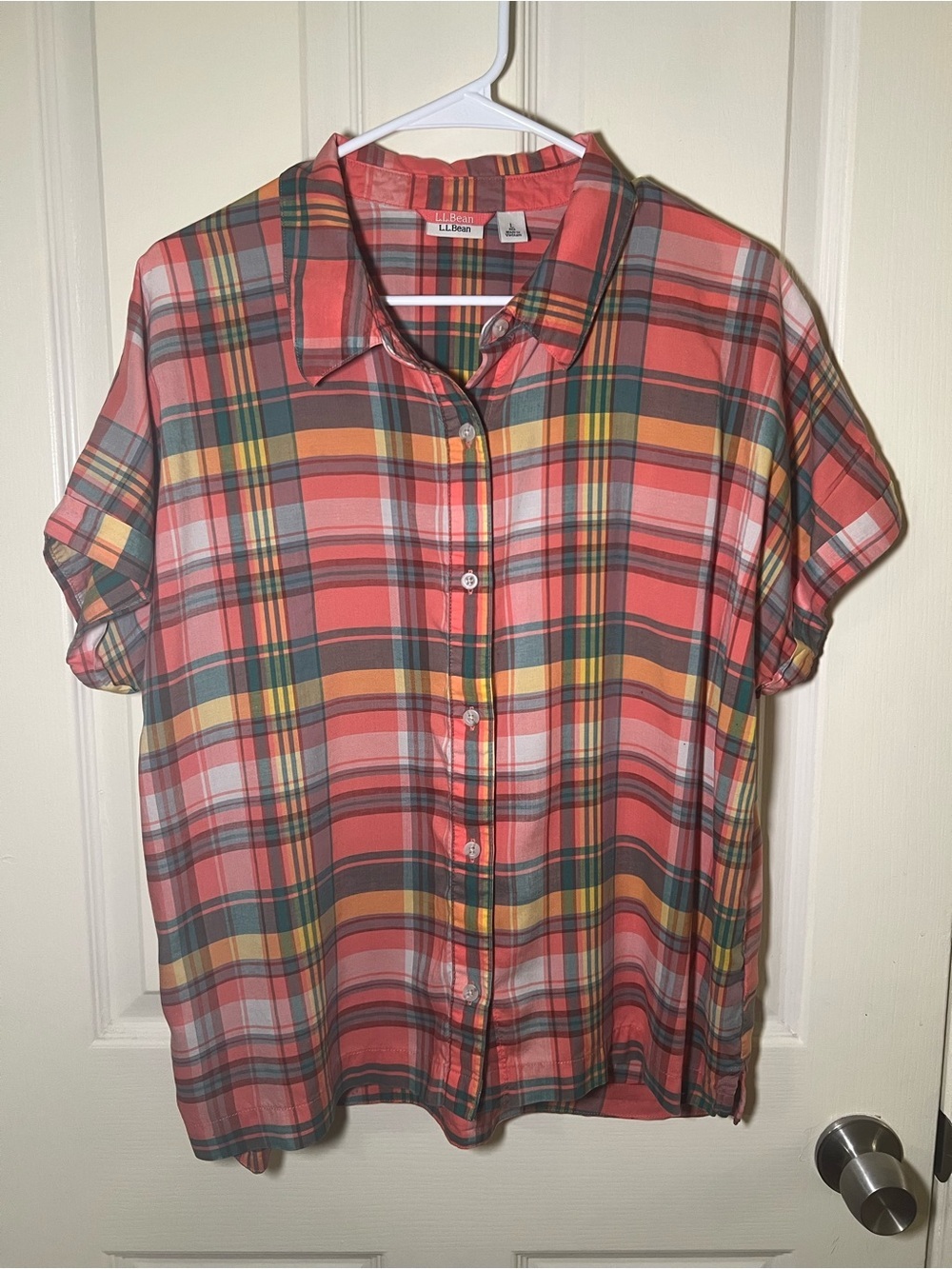 L.L.Bean Plaid Button Front Short Sleeve Lyocell Shirt Coral Pink Large